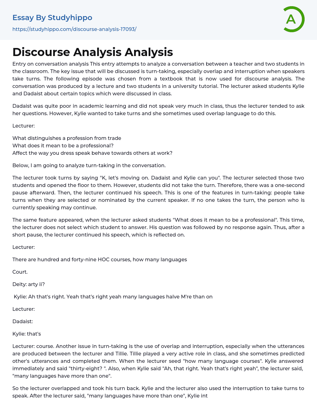 Discourse Analysis Analysis Essay Example