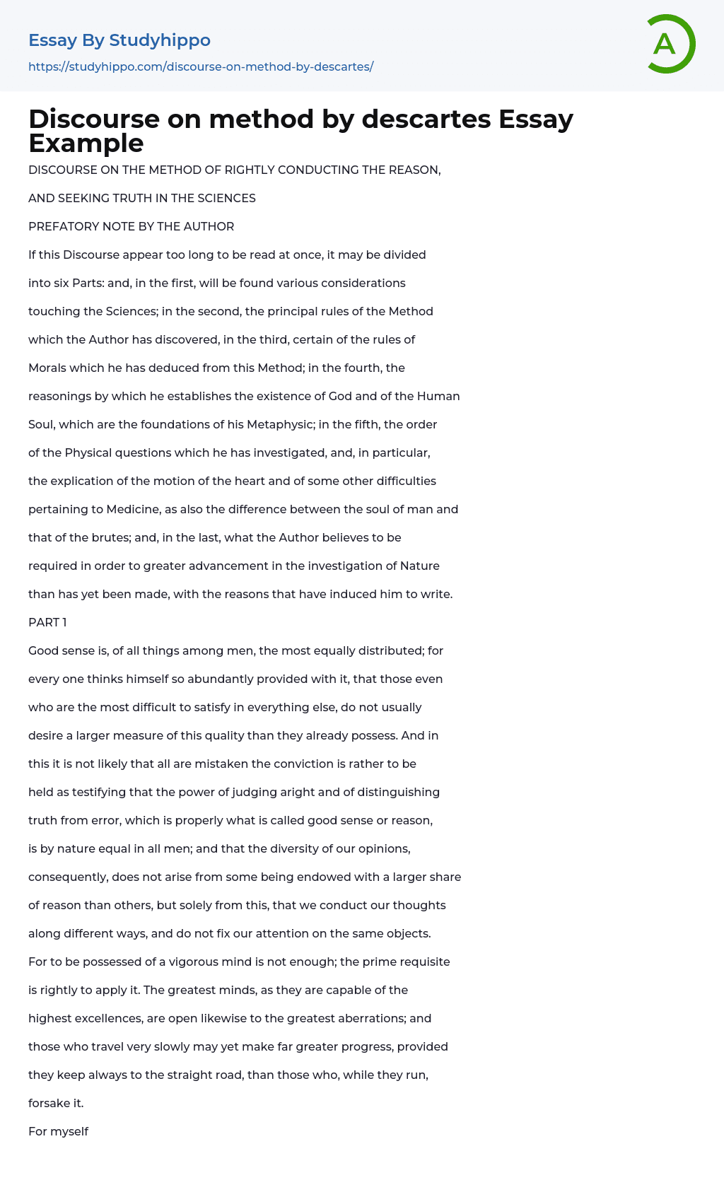 Discourse on Method by Descartes Essay Example