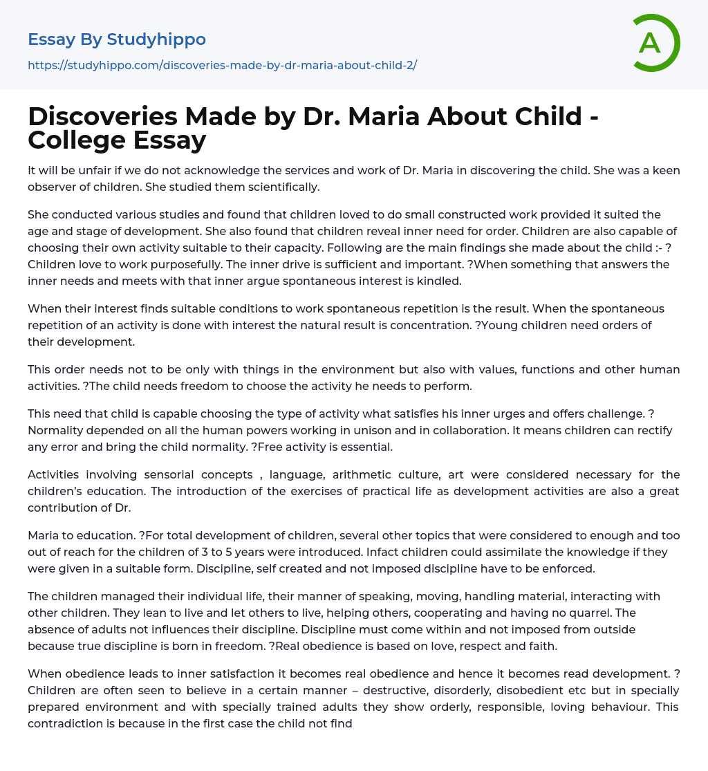 Discoveries Made by Dr. Maria About Child – College Essay
