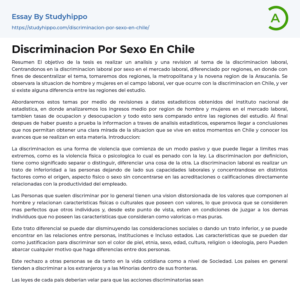 Discriminacion Por Sexo En Chile Essay Example