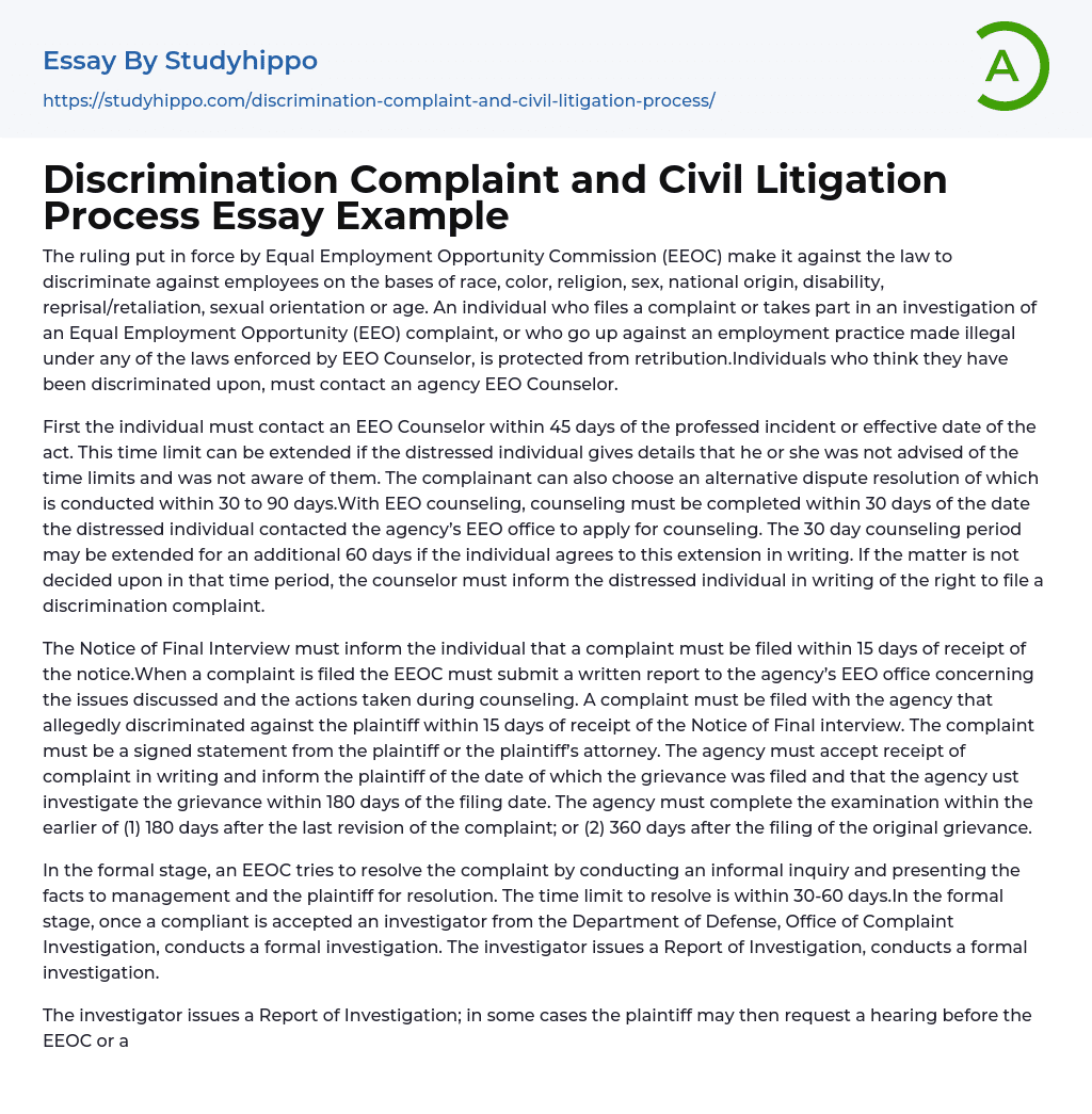 Discrimination Complaint and Civil Litigation Process Essay Example