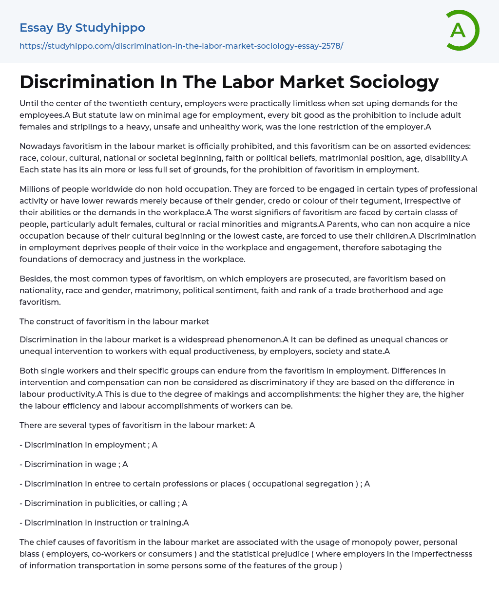 Discrimination In The Labor Market Sociology Essay Example