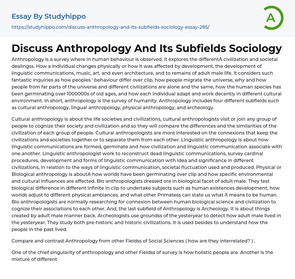 Discuss Anthropology And Its Subfields Sociology Essay Example
