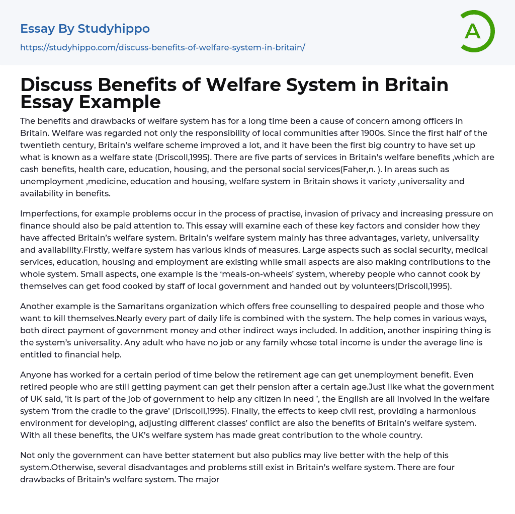 Discuss Benefits of Welfare System in Britain Essay Example