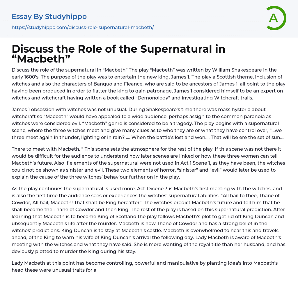 Discuss the Role of the Supernatural in “Macbeth” Essay Example