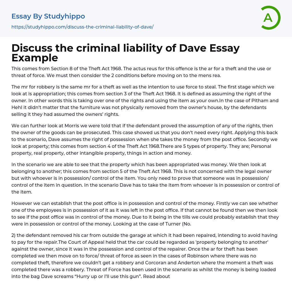 Discuss the criminal liability of Dave Essay Example