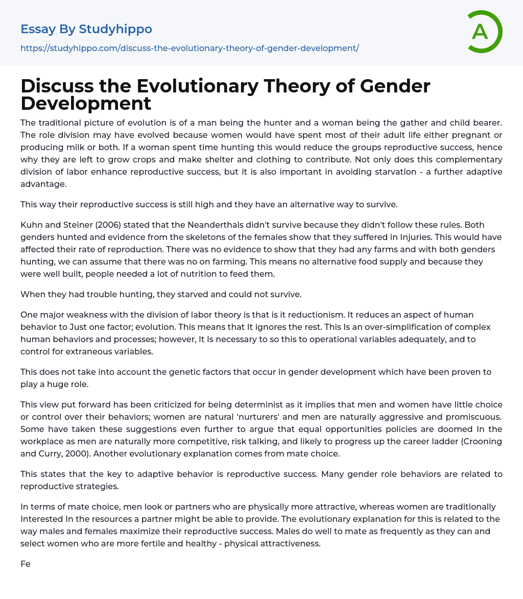 Discuss the Evolutionary Theory of Gender Development Essay Example