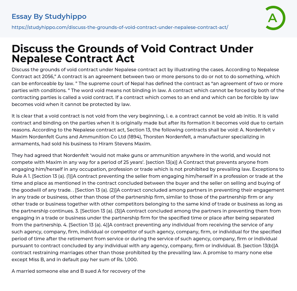 Discuss the Grounds of Void Contract Under Nepalese Contract Act Essay Example