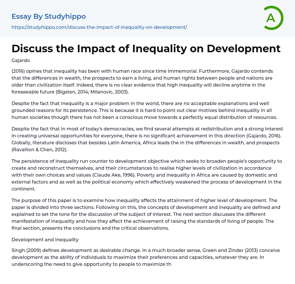 Discuss the Impact of Inequality on Development Essay Example