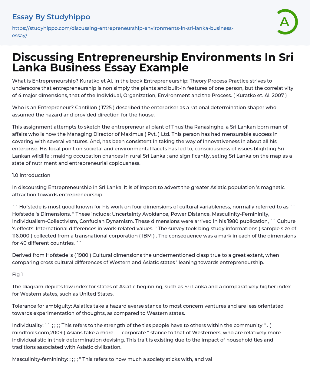 Discussing Entrepreneurship Environments In Sri Lanka Business Essay Example