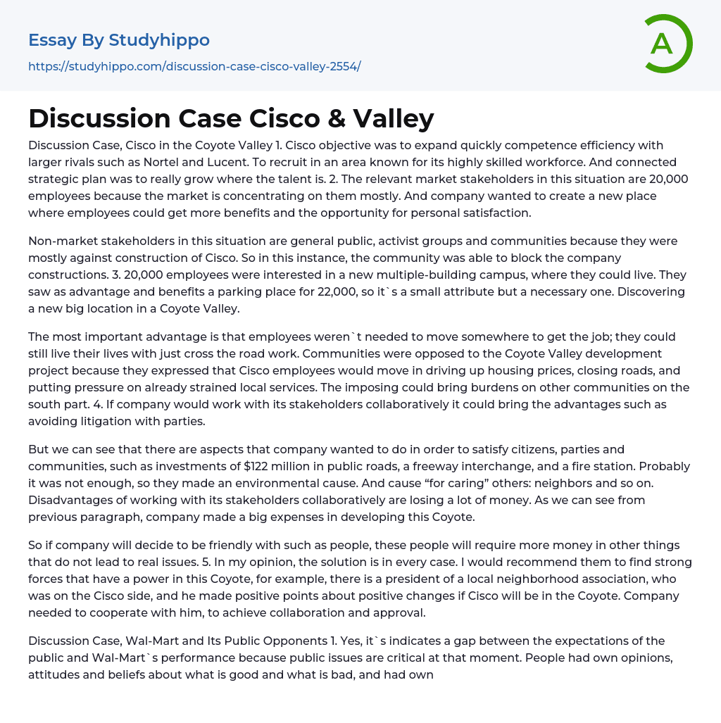 Discussion Case Cisco & Valley Essay Example