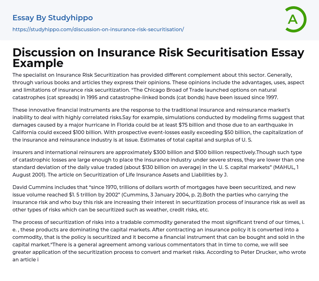 Discussion on Insurance Risk Securitisation Essay Example