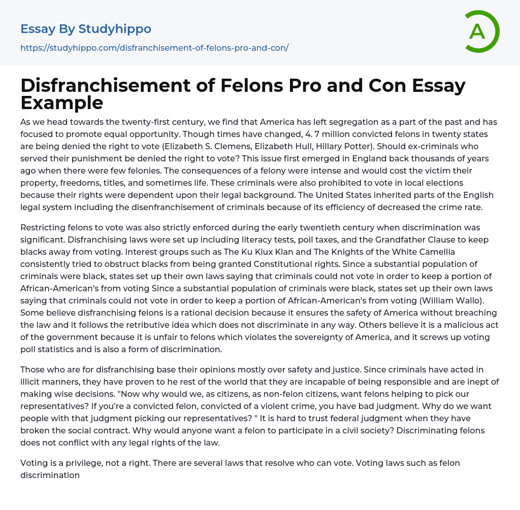 Disfranchisement of Felons Pro and Con Essay Example