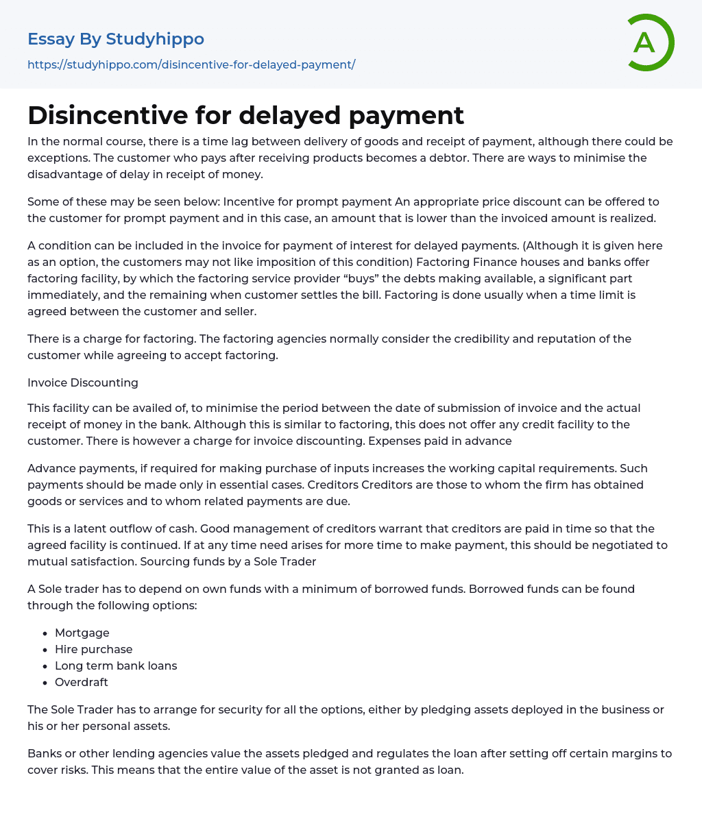Disincentive for delayed payment Essay Example