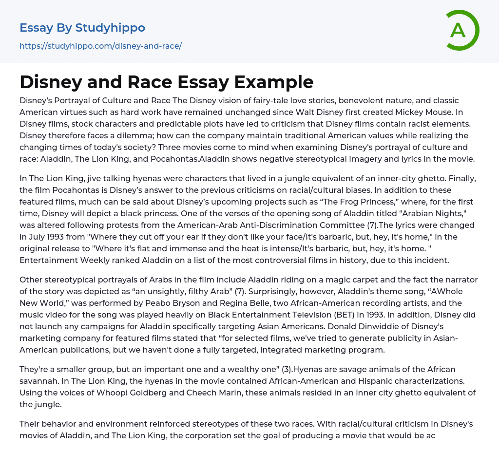 Disney and Race Essay Example