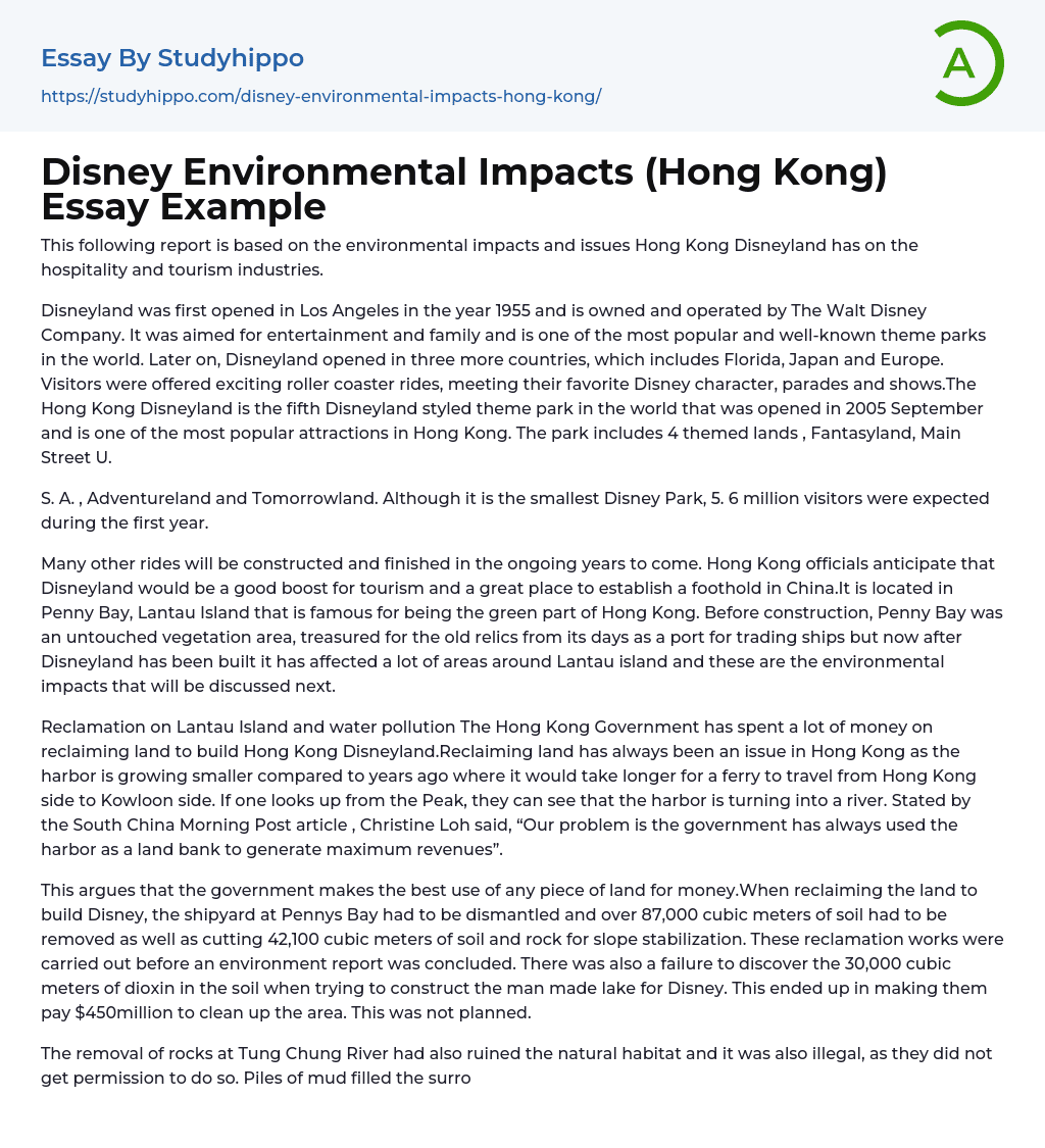Disney Environmental Impacts (Hong Kong) Essay Example