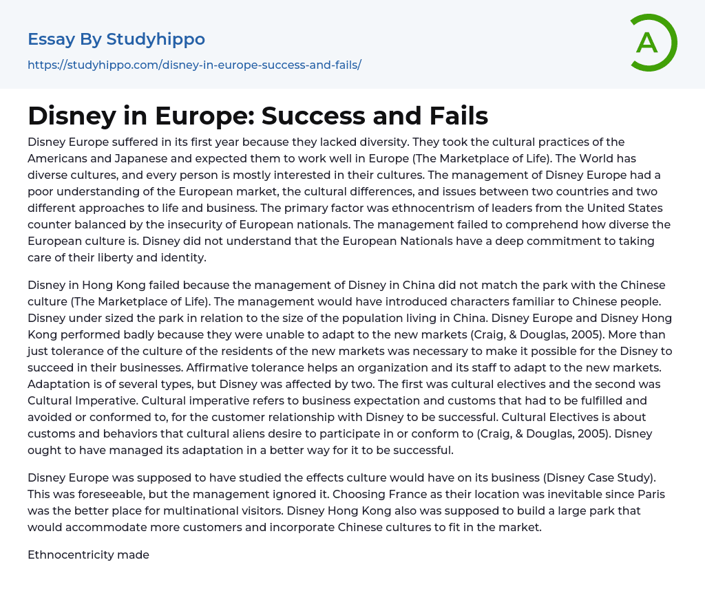 Disney in Europe: Success and Fails Essay Example