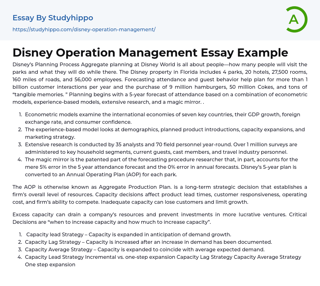 Disney Operation Management Essay Example