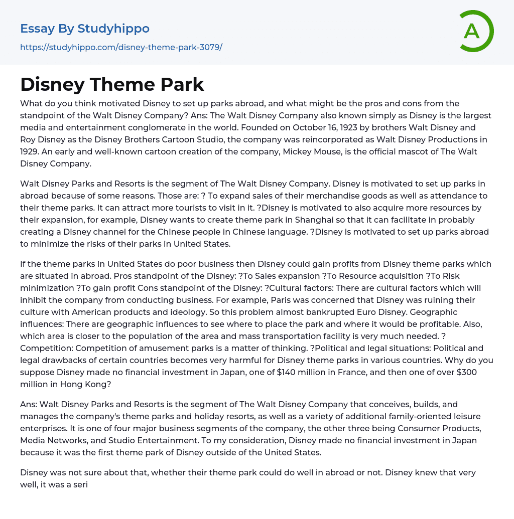 Disney Theme Park Essay Example
