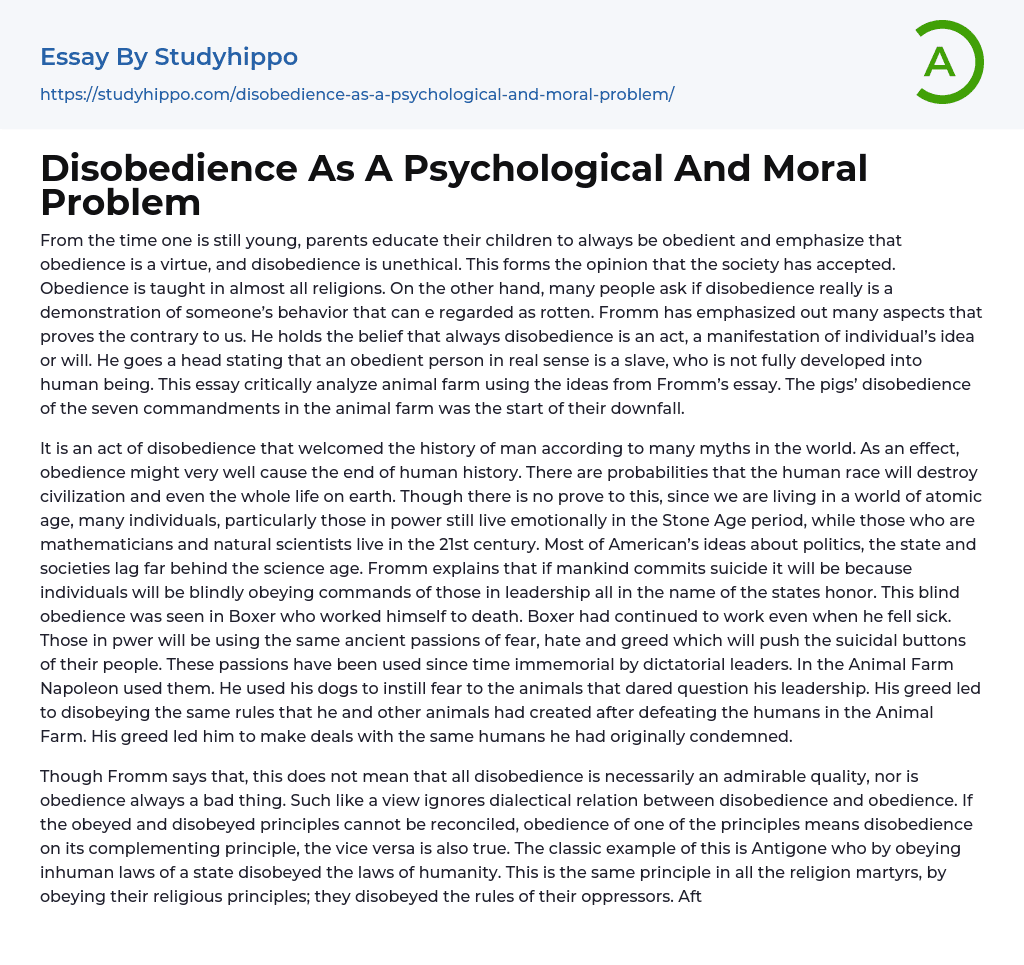 Disobedience As A Psychological And Moral Problem Essay Example