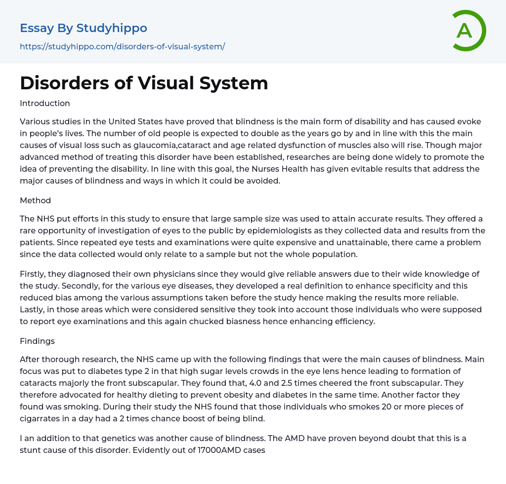 Disorders of Visual System Essay Example