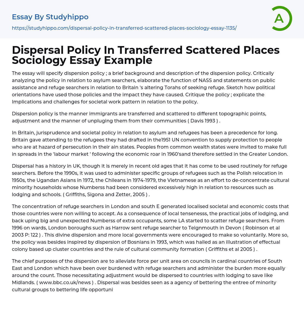 Dispersal Policy In Transferred Scattered Places Sociology Essay Example