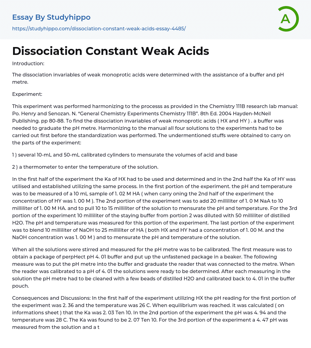 Dissociation Constant Weak Acids Essay Example