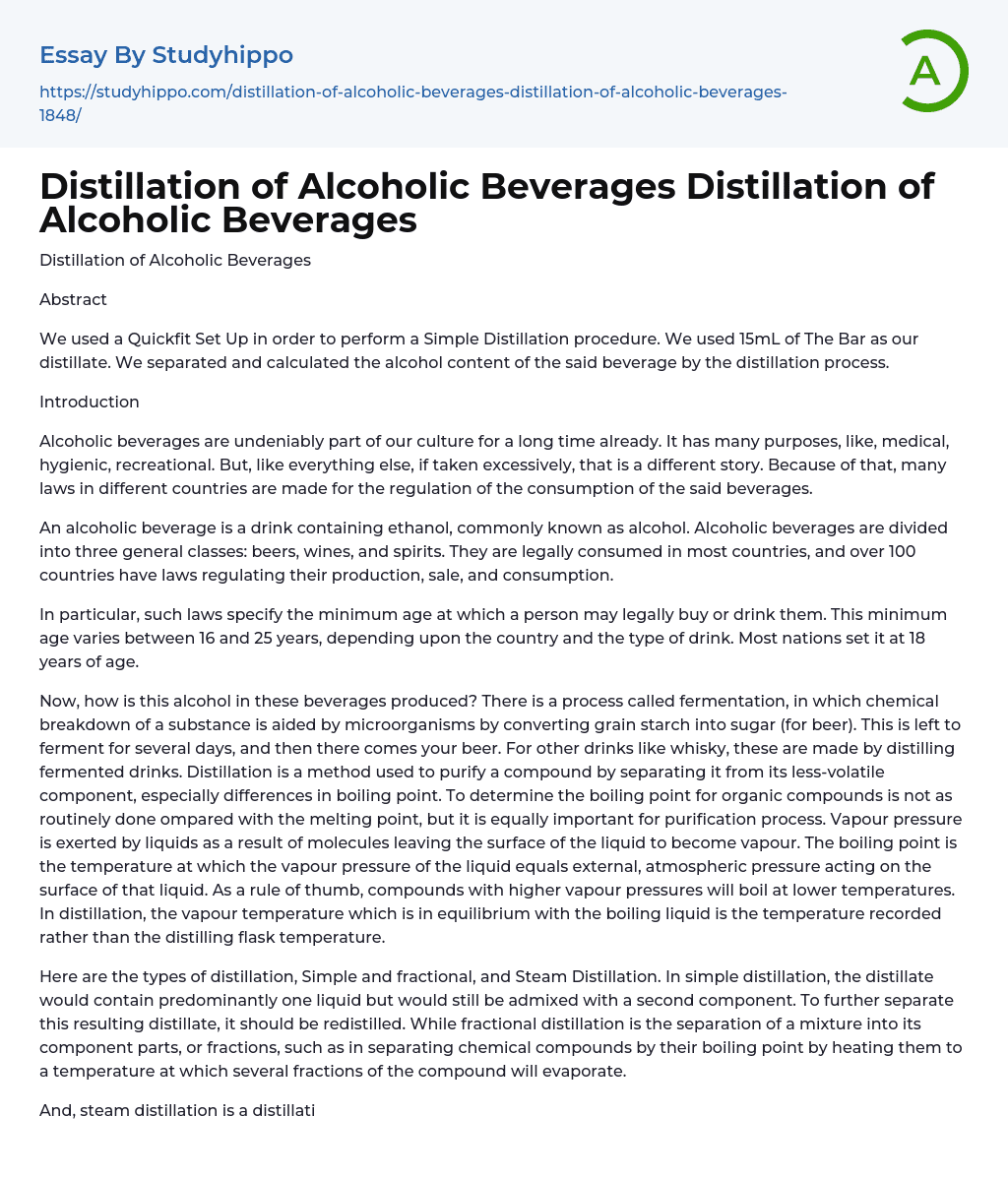 Distillation of Alcoholic Beverages Distillation of Alcoholic Beverages Essay Example