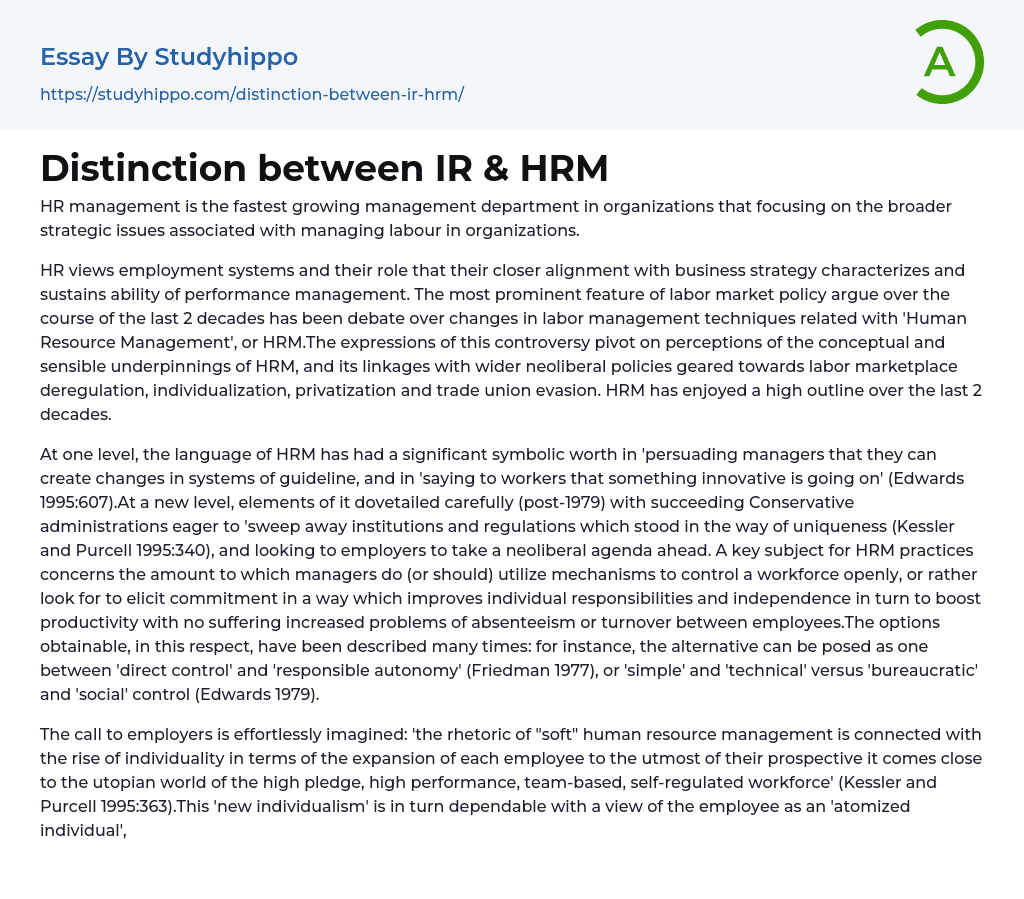 Distinction between IR & HRM Essay Example