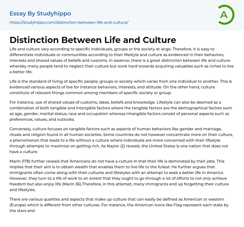 Distinction Between Life and Culture Essay Example