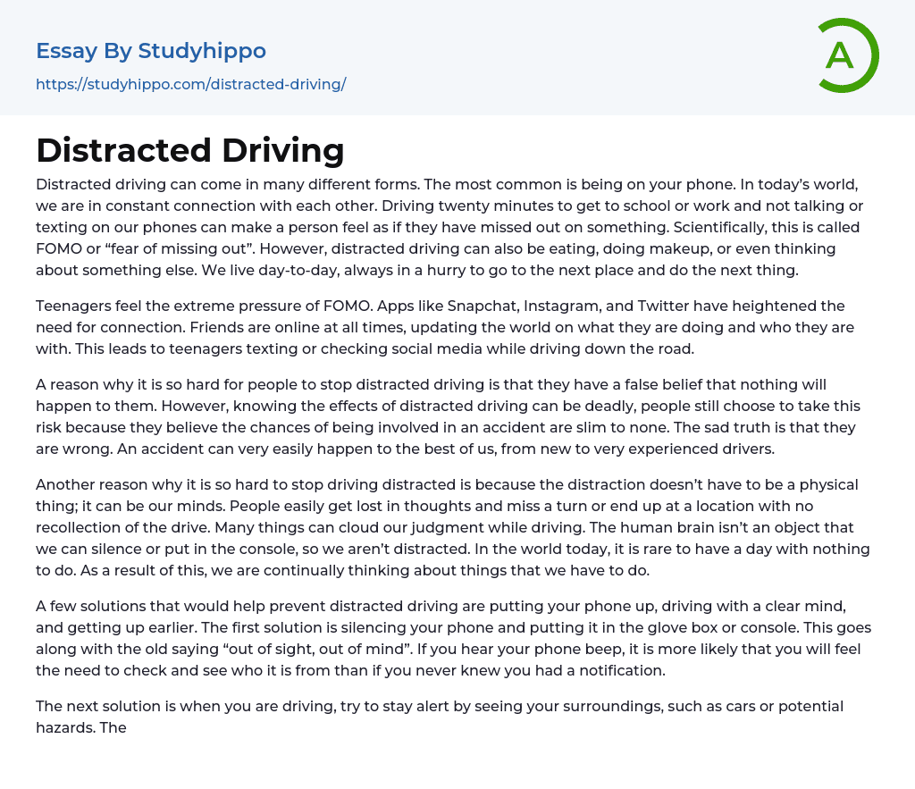 Distracted Driving Essay Example