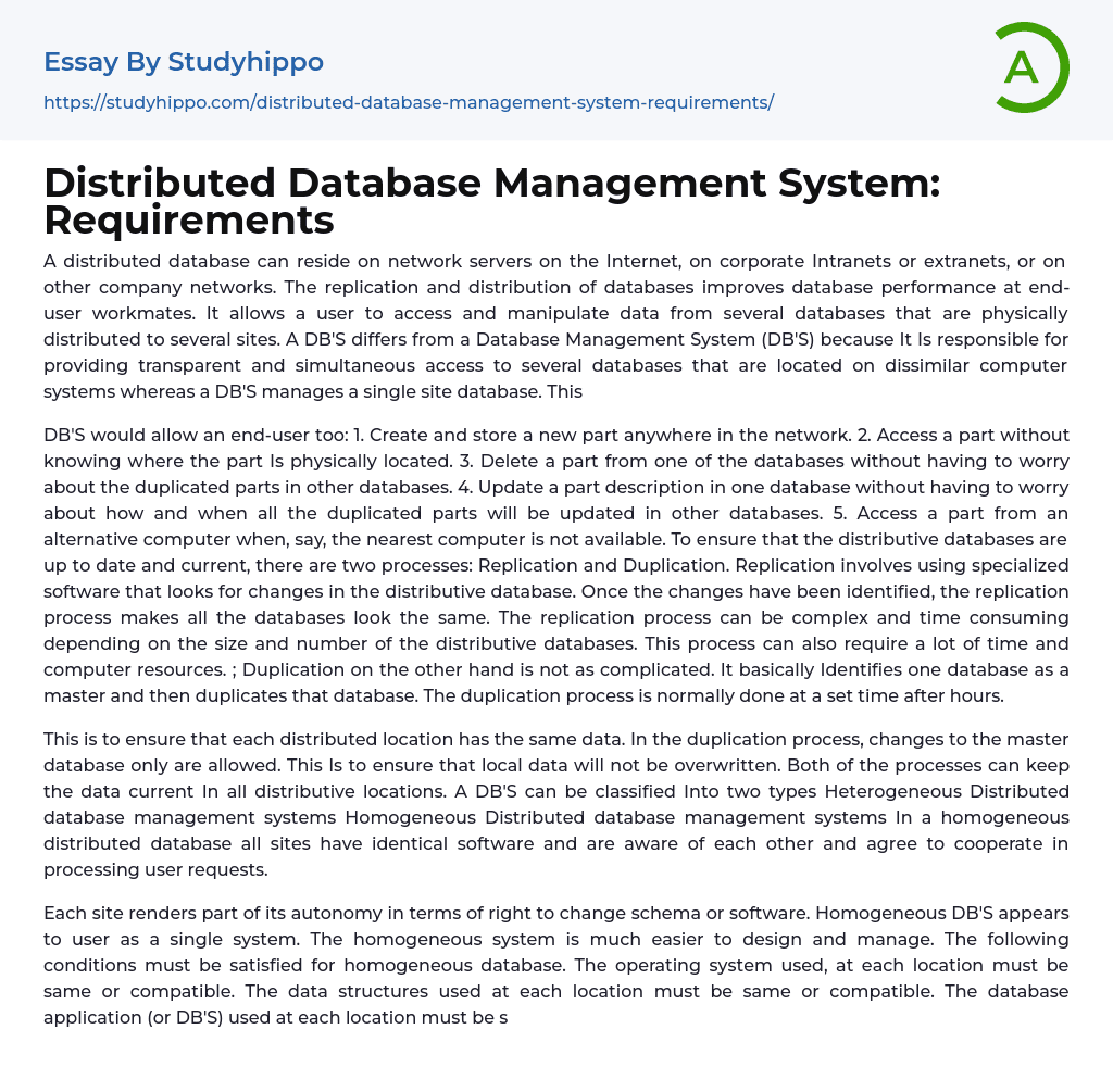 Distributed Database Management System: Requirements Essay Example