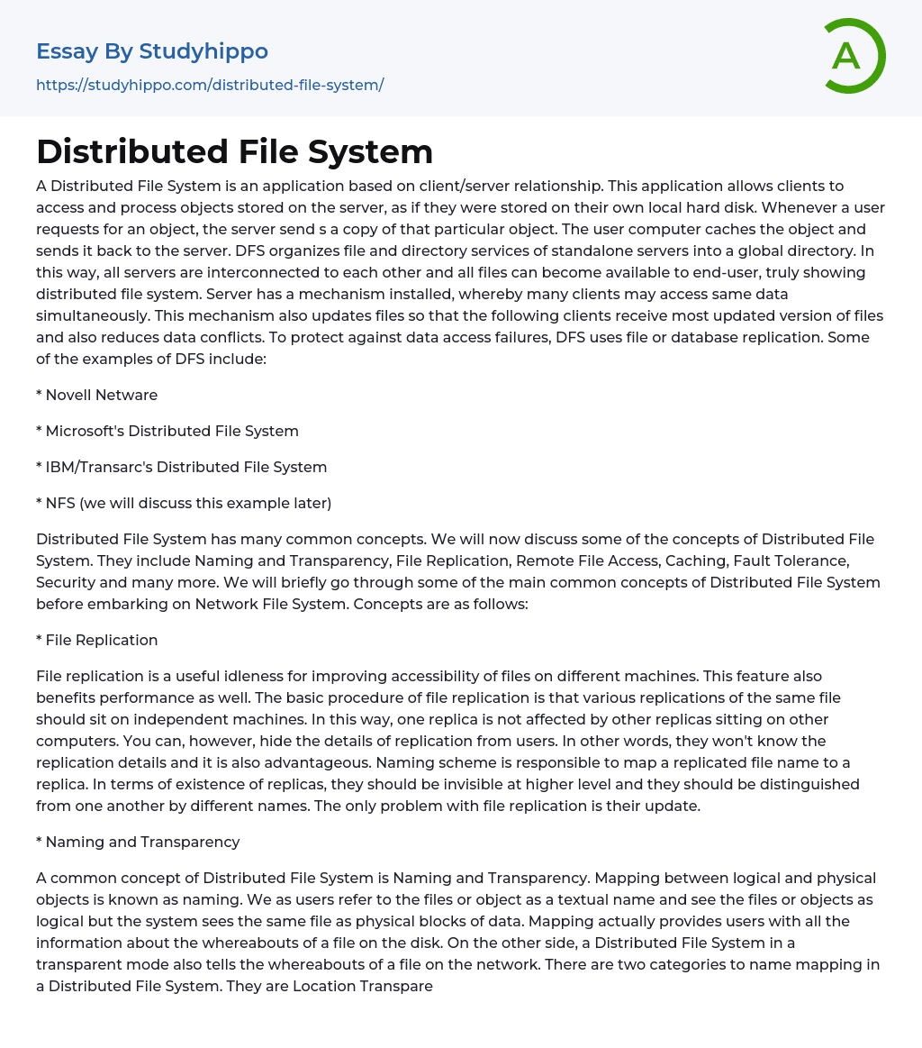 Distributed File System Essay Example