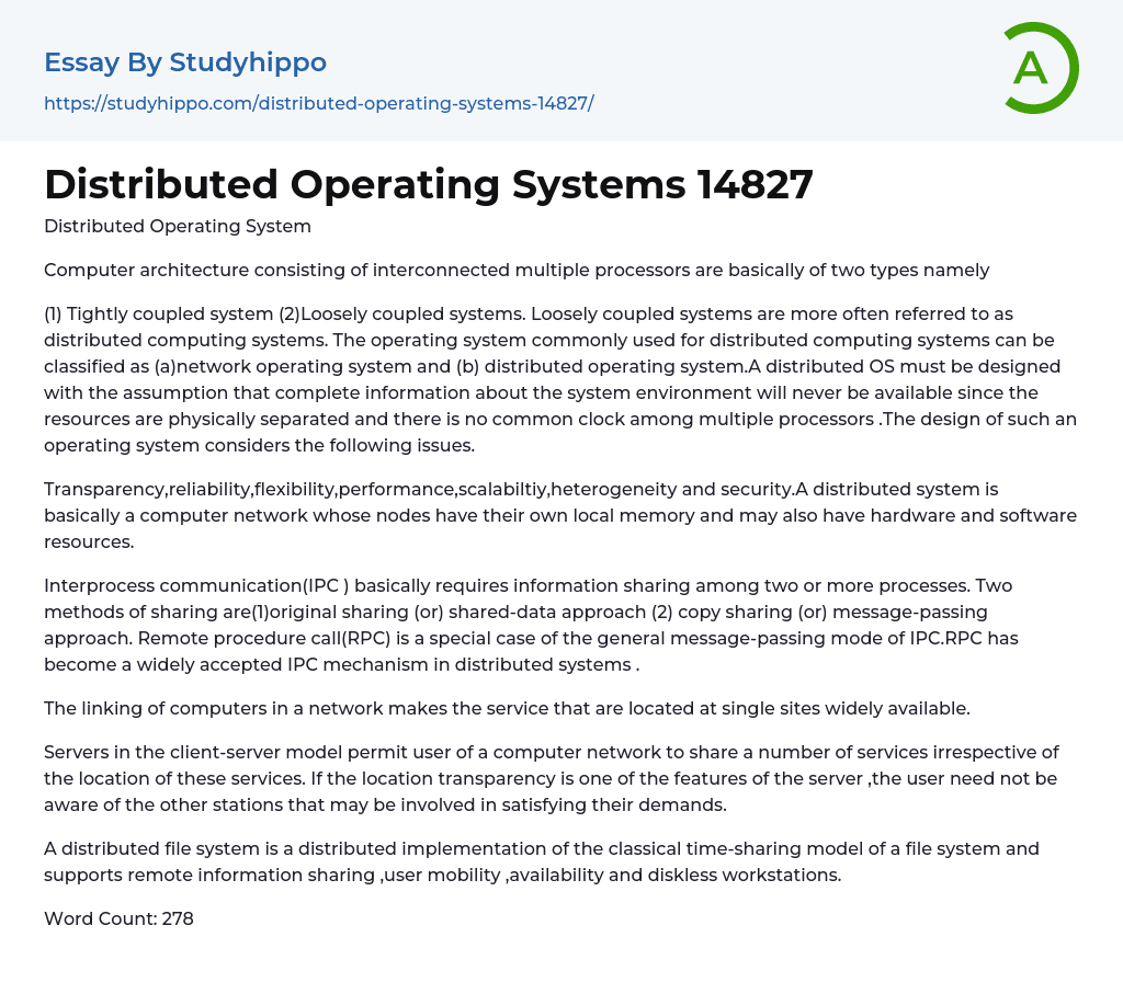 Distributed Operating Systems 14827 Essay Example