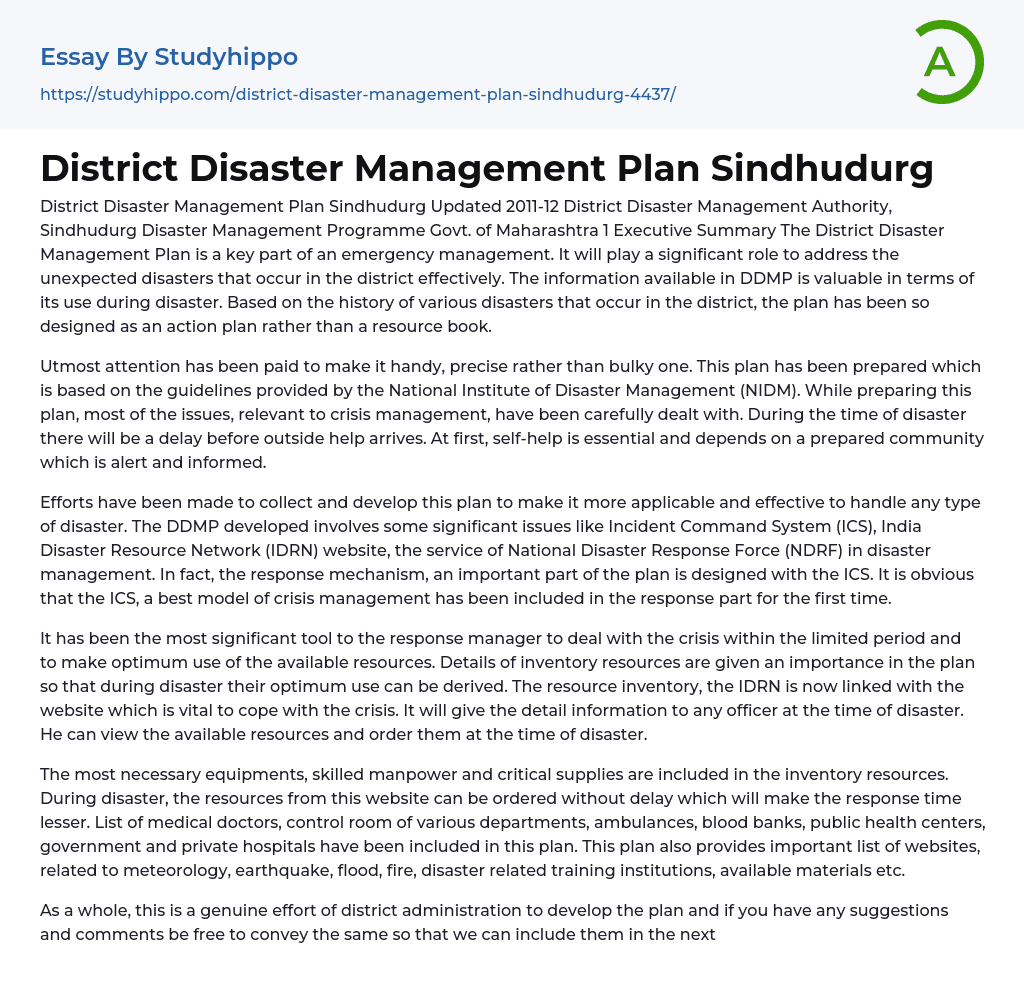 District Disaster Management Plan Sindhudurg Essay Example