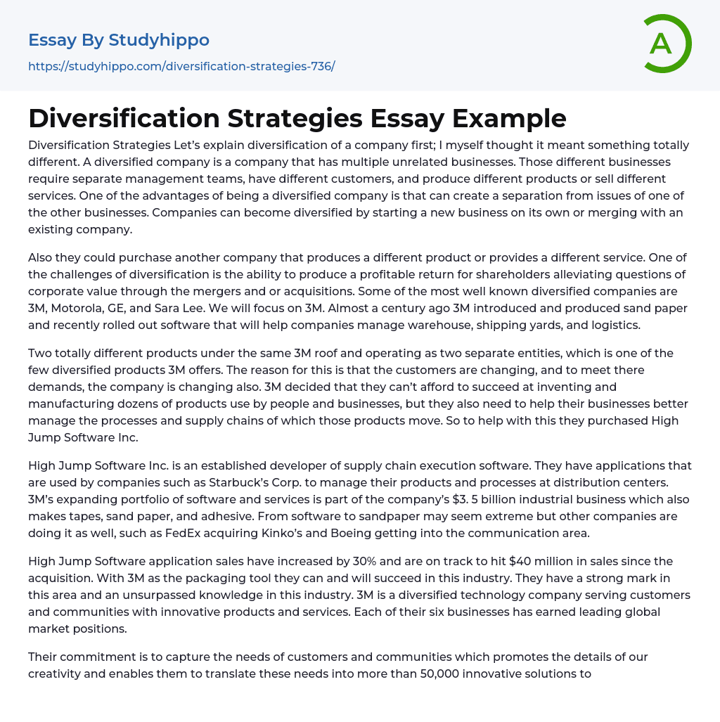 Diversification Strategies Essay Example