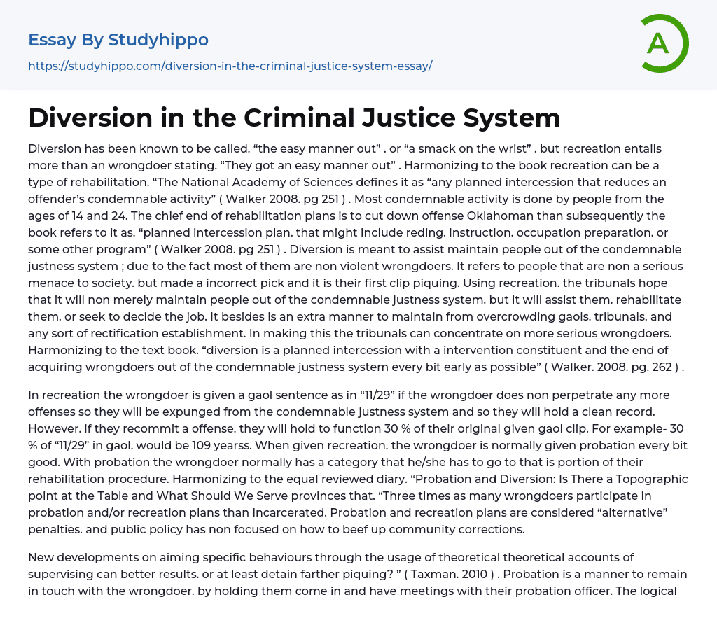 Diversion in the Criminal Justice System Essay Example