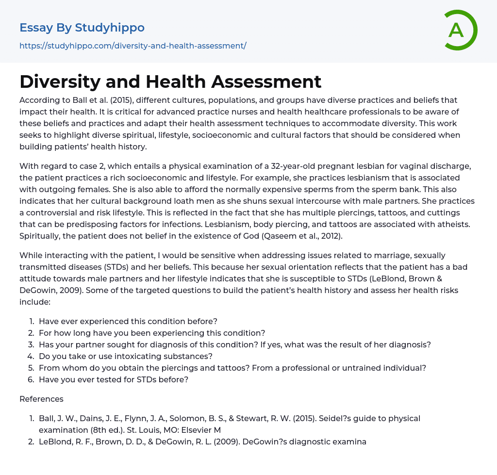 Diversity and Health Assessment Essay Example
