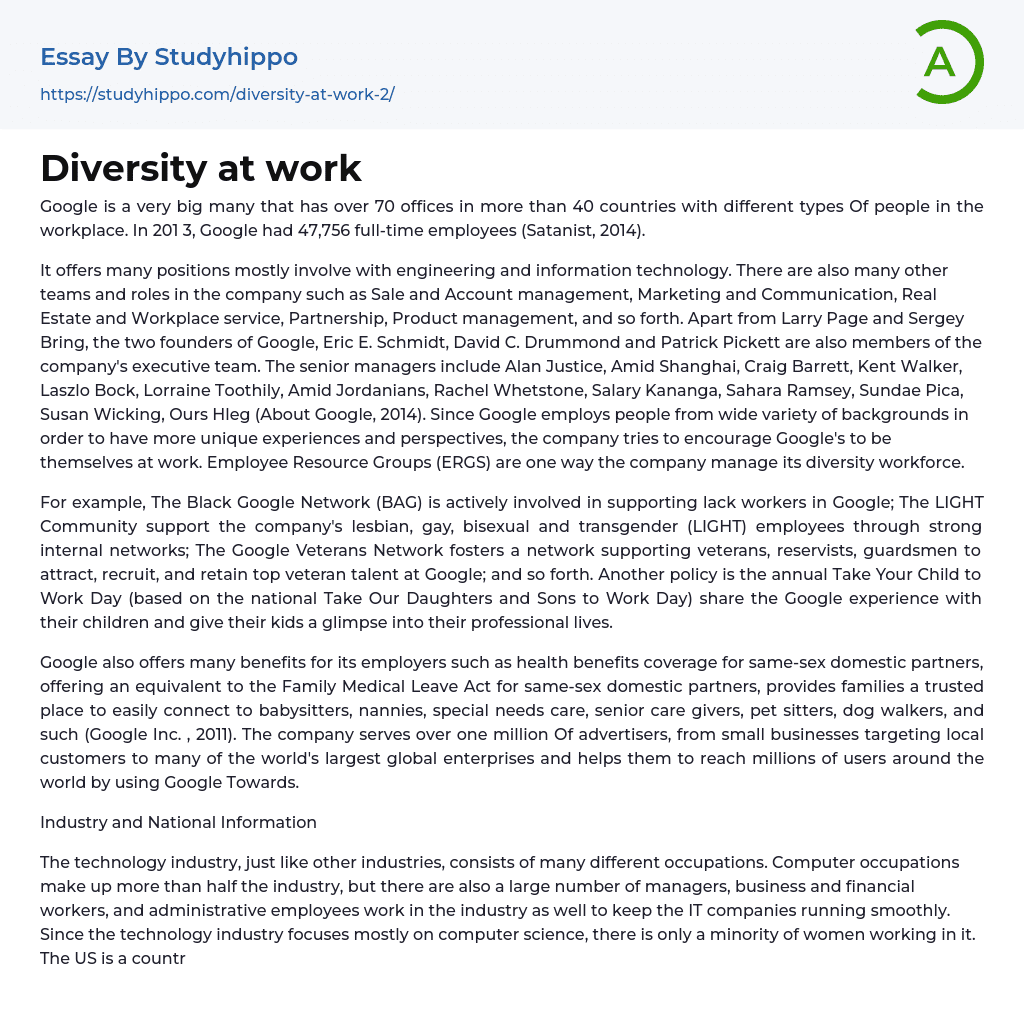 Diversity at work Essay Example
