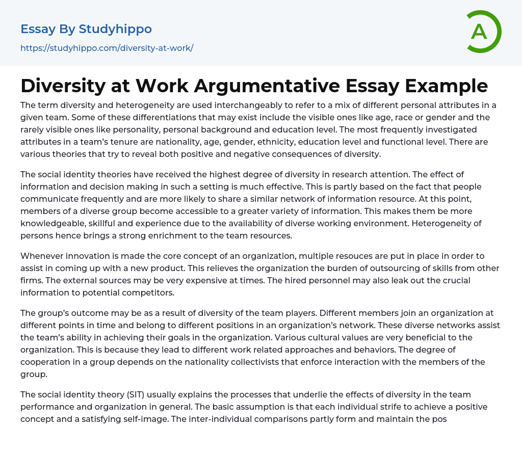 Diversity at Work Argumentative Essay Example