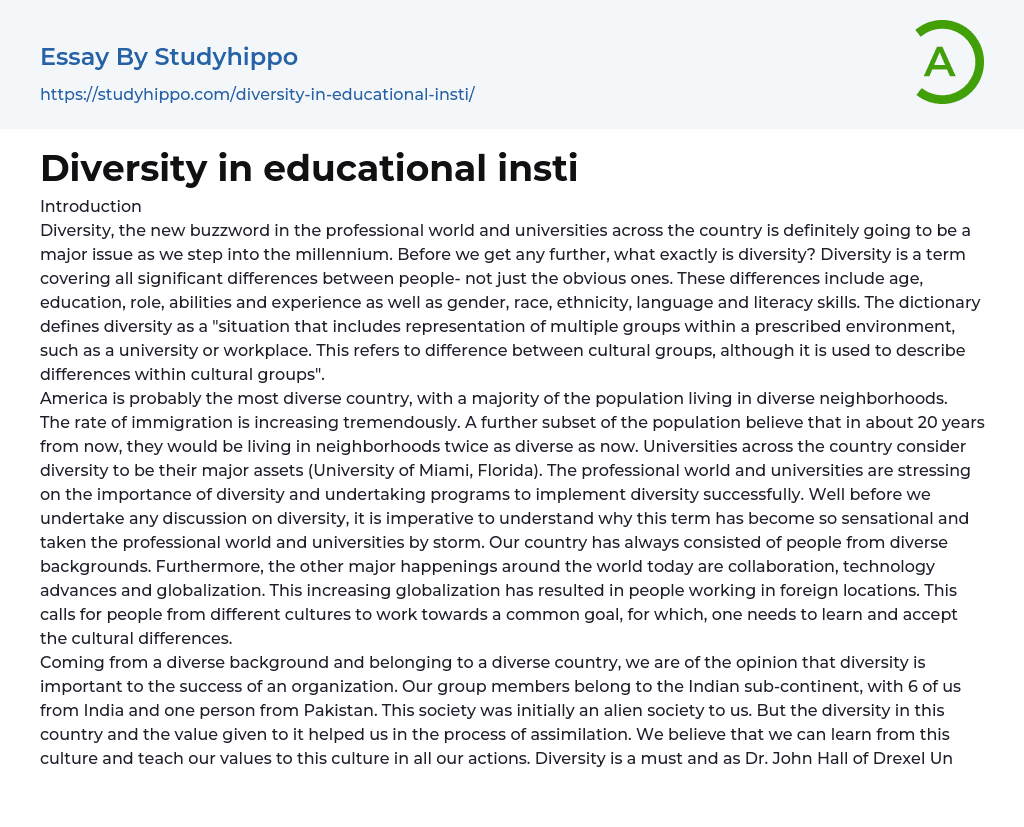 Diversity in educational insti Essay Example