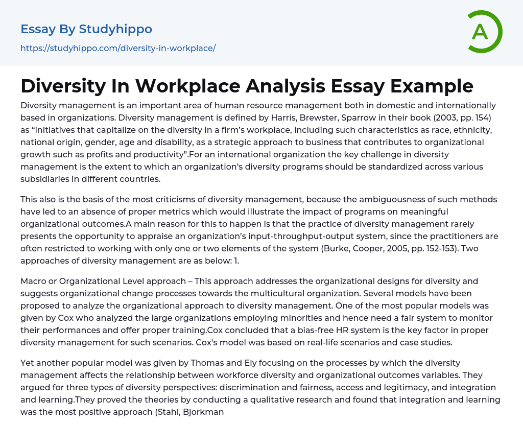 Diversity In Workplace Analysis Essay Example
