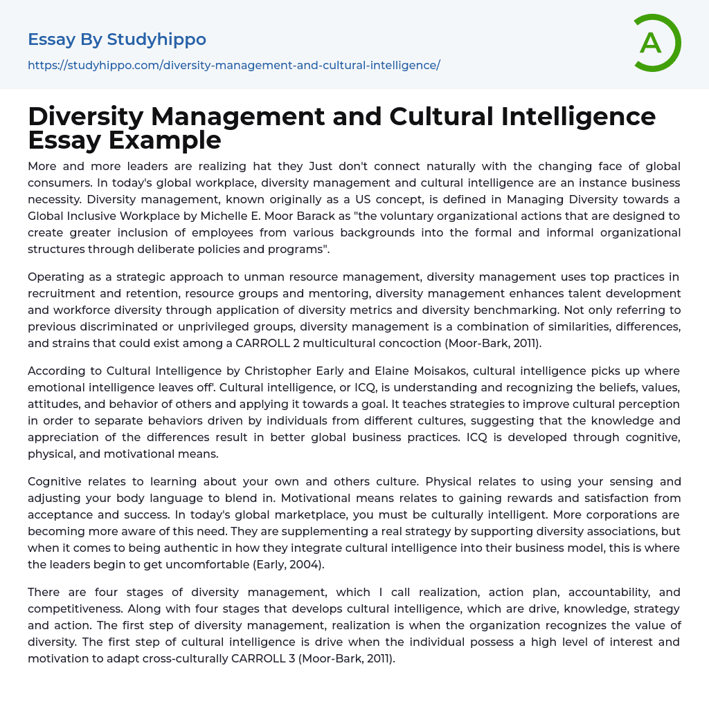 Diversity Management and Cultural Intelligence Essay Example