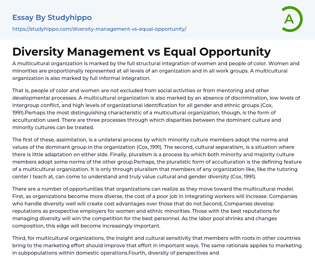 Diversity Management vs Equal Opportunity Essay Example