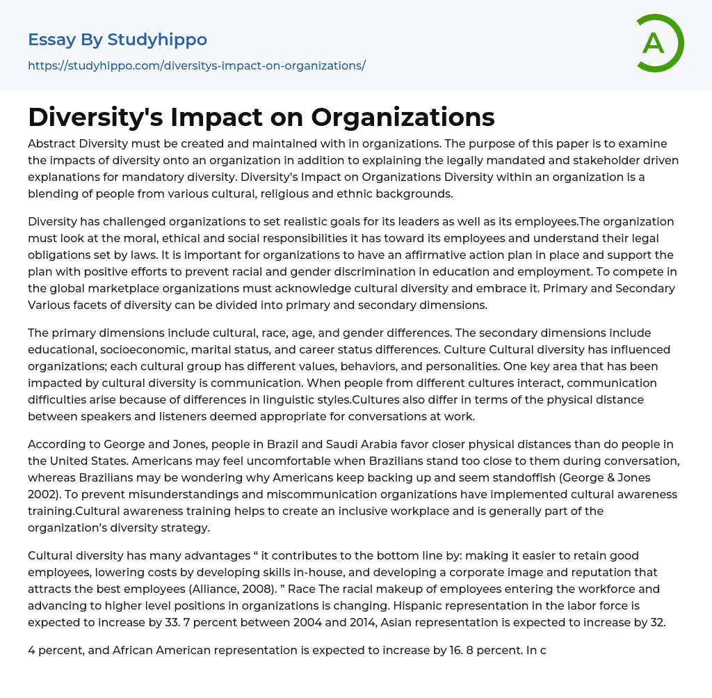 Diversity’s Impact on Organizations Essay Example