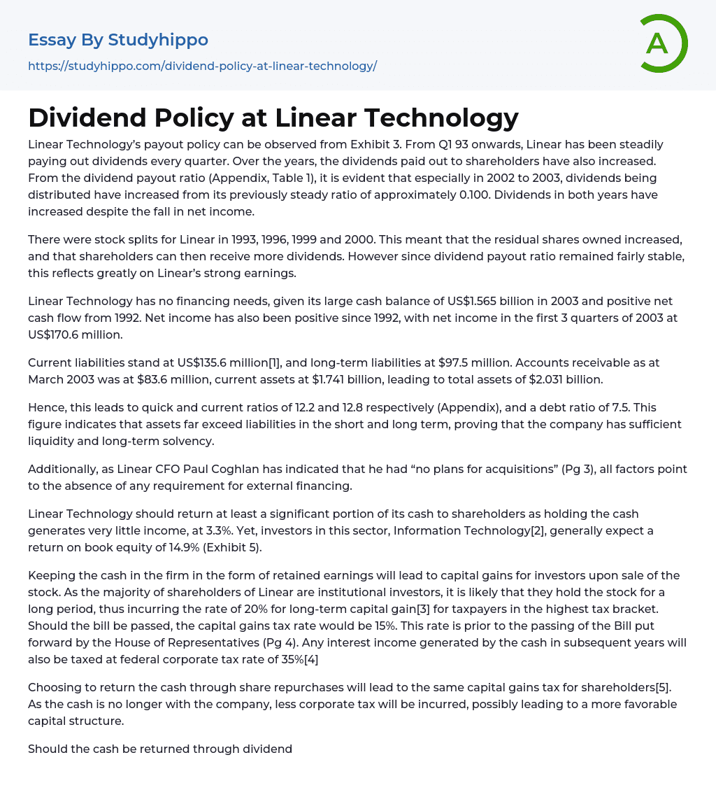 Dividend Policy at Linear Technology Essay Example