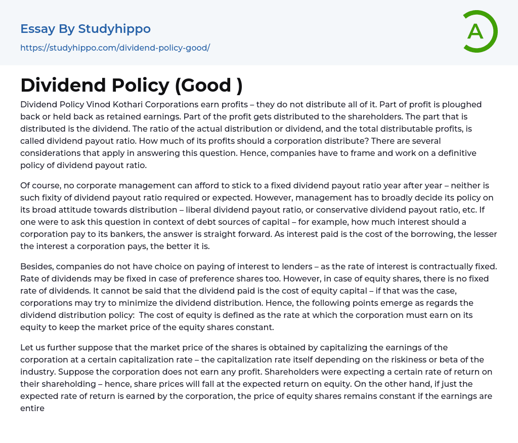 Dividend Policy (Good ) Essay Example