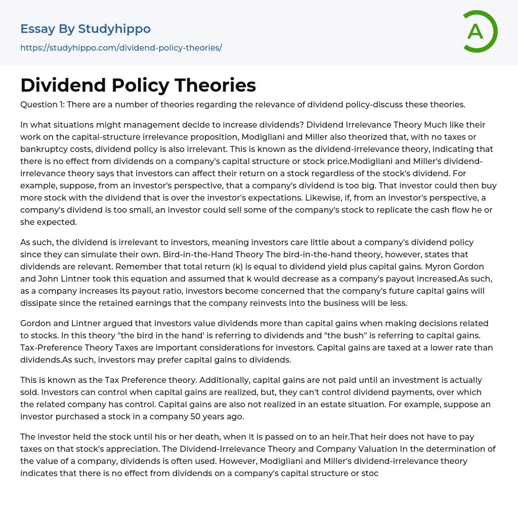 Dividend Policy Theories Essay Example
