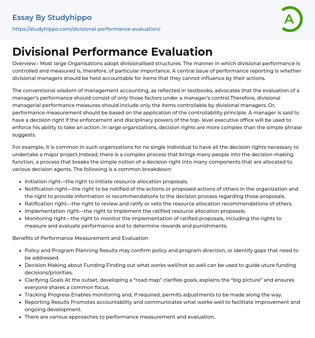 Divisional Performance Evaluation Essay Example