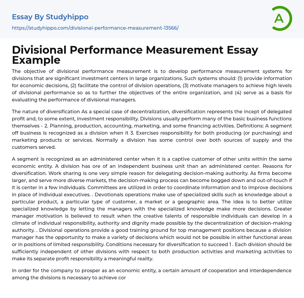 Divisional Performance Measurement Essay Example